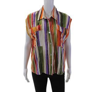 Scarlet Roos Womens Button Front Collared Striped Top Multicolored One Size